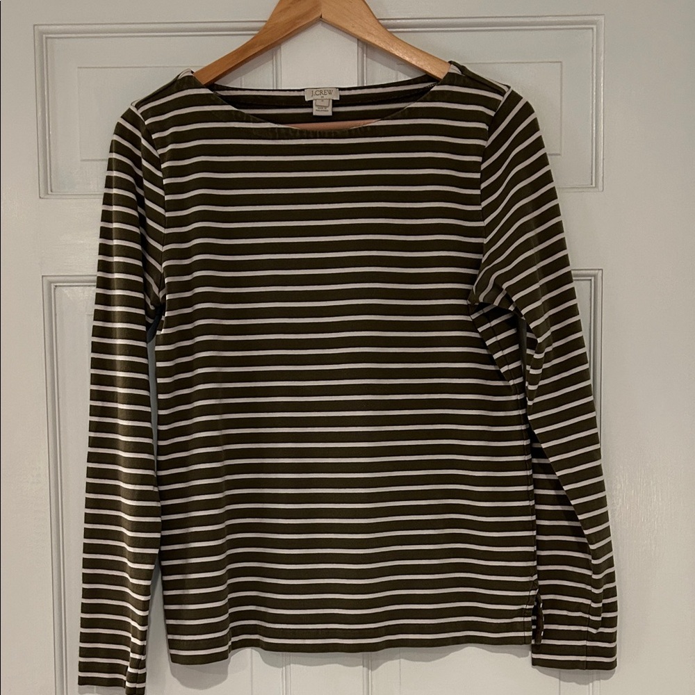 J. Crew Striped Olive and White Long Sleeve Top